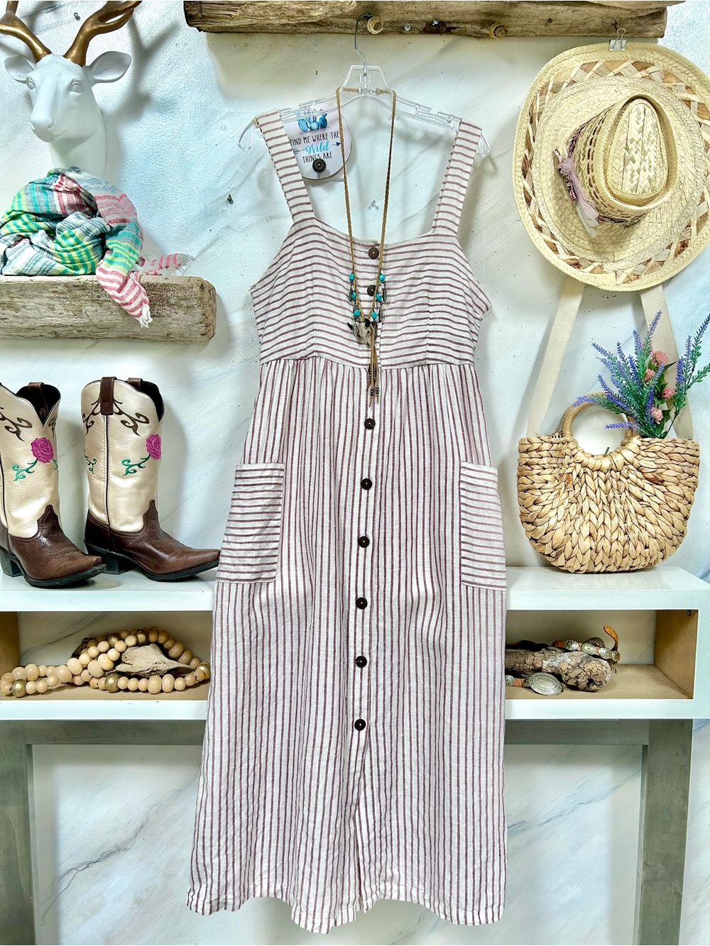 Anthropologie ARTISAN NY Cottagecore LINEN boho stripe maxi Dress w prairie vibe